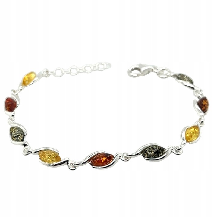 Bransoleta din argint cu chihlimbar baltic, 20cm, 8x4mm, multicolor