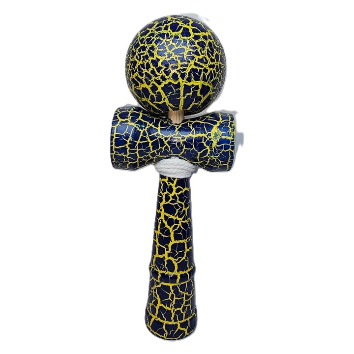Kendama profesionala din lemn, jucarie japoneza, CRACK design crapat, culoare Bleumarin/Galben