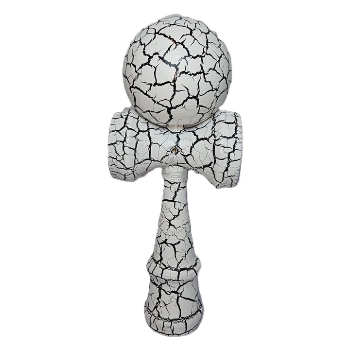Kendama profesionala din lemn, jucarie japoneza, CRACK design crapat, culoare Alb/Negru