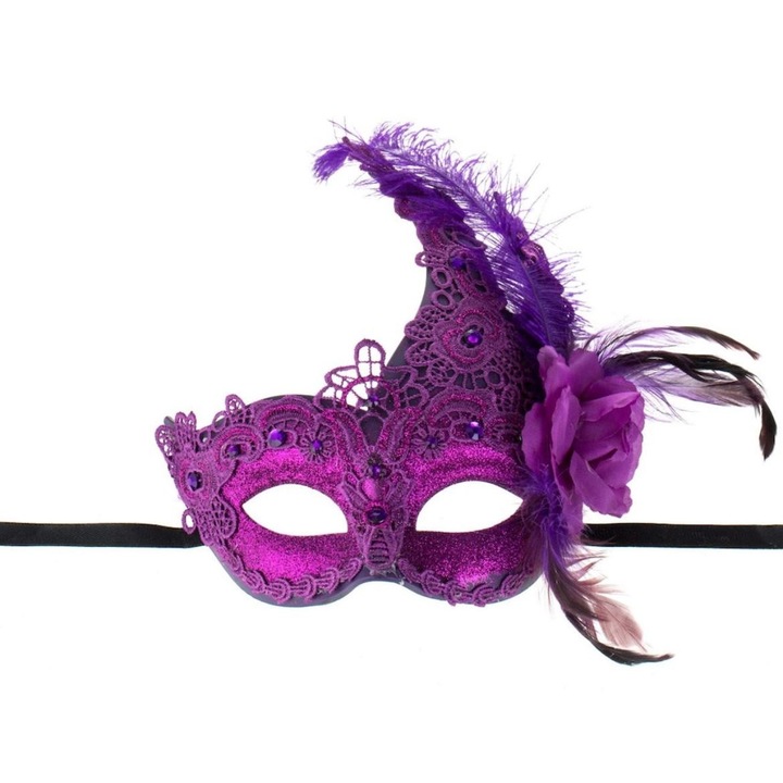Masca deghizare, Mov, Pene si Dantela, pentru Carnaval sau Halloween