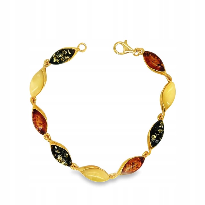 Bransoleta din argint pozlatat cu chihlimbar baltic, 18,5cm, culoare chihlimbar coniac, dimensiuni piatra 12x6mm
