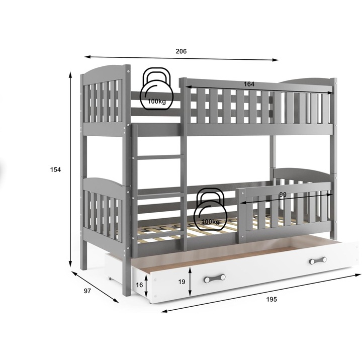 Pat supraetajat Interbeds, din lemn de pin, cu sistem de siguranta, grafit + alb, 200x90cm, cu sertar de depozitare