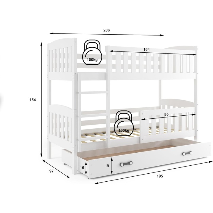 Pat supraetajat Interbeds, din lemn de pin, cu sistem de siguranta, alb, 200x90cm