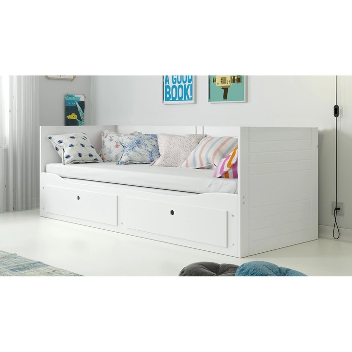 Pat dublu extensibil, extensibil 200x80, 160x200 Hermes, de la INTERBEDS, cu 2 sertare, culoare alba, stil scandinav