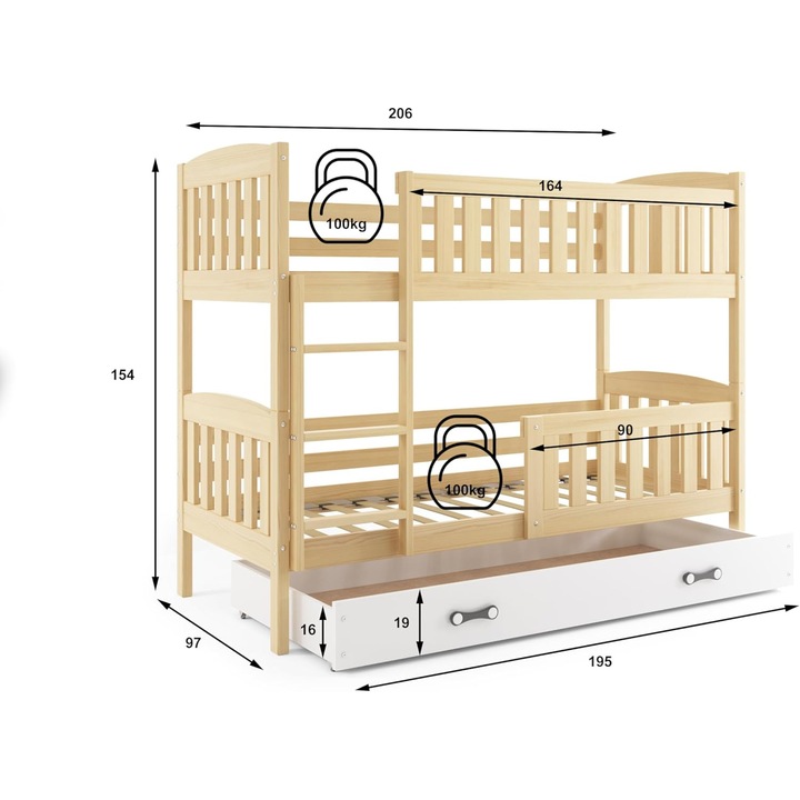 Pat supraetajat Interbeds, din lemn de pin, cu sistem de siguranta, 200x90cm