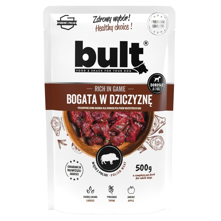 Mancare umeda pentru caini BULT, saracita cu vanat, 500g, fara aditivi artificiali, ambalaj convenabil