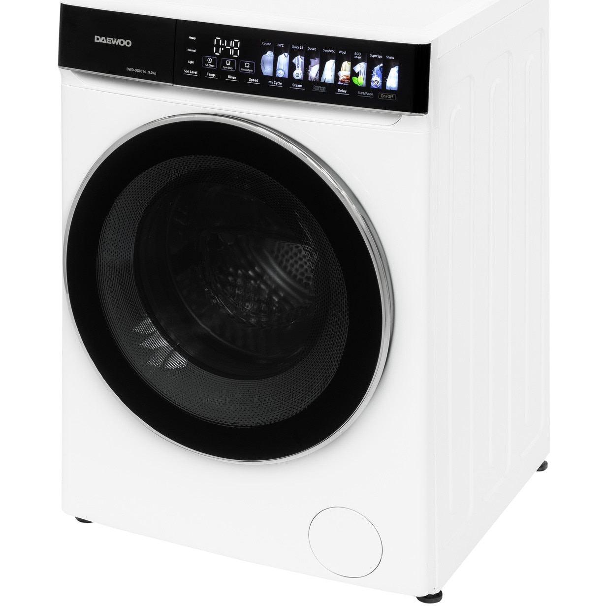 Masina de spalat rufe Daewoo, 9 kg, motor inverter, 1400 rpm, clasa A, 12 programe, butoane touch, panou de control negru cu pictograme mari colorate, usa dubla neagra cu inel cromat, culoare Alb