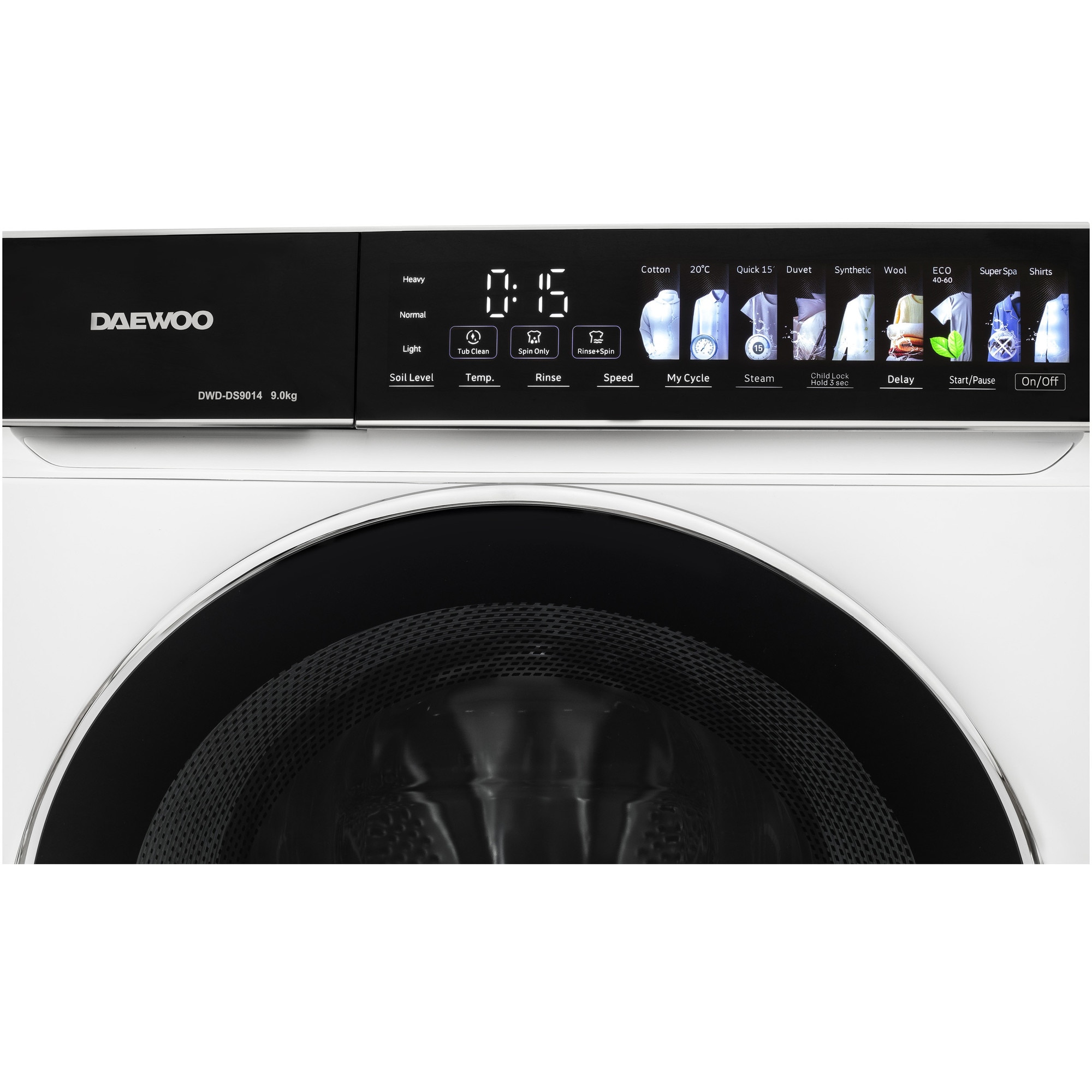 Masina de spalat rufe Daewoo, 9 kg, motor inverter, 1400 rpm, clasa A, 12 programe, butoane touch, panou de control negru cu pictograme mari colorate, usa dubla neagra cu inel cromat, culoare Alb
