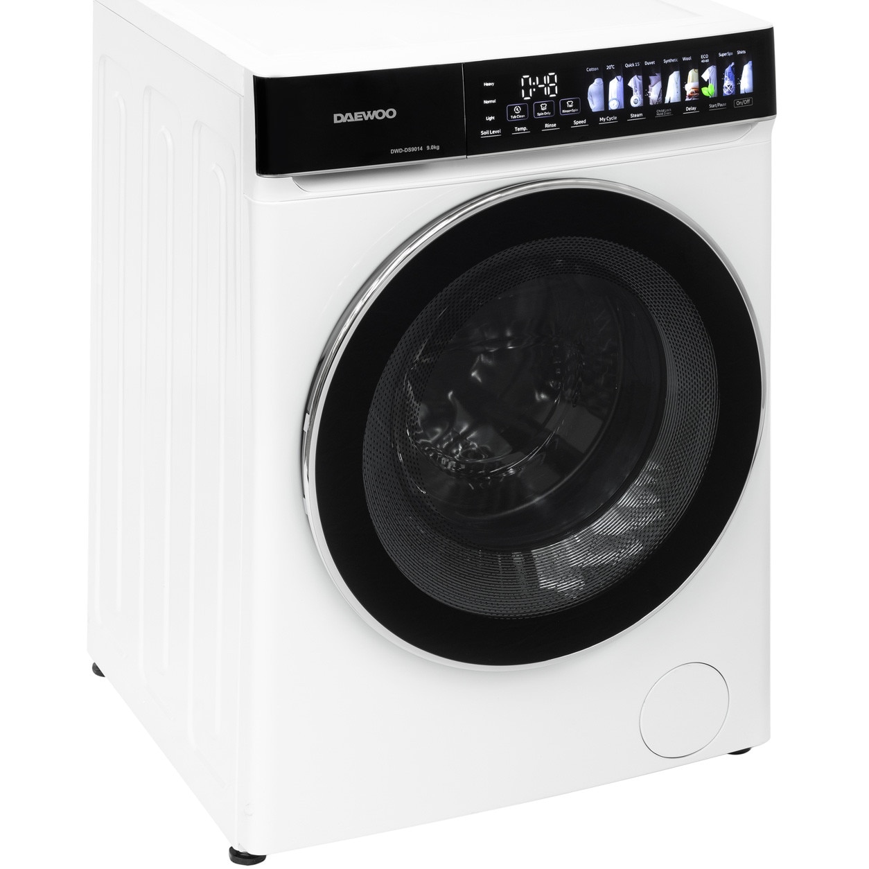 Masina de spalat rufe Daewoo, 9 kg, motor inverter, 1400 rpm, clasa A, 12 programe, butoane touch, panou de control negru cu pictograme mari colorate, usa dubla neagra cu inel cromat, culoare Alb