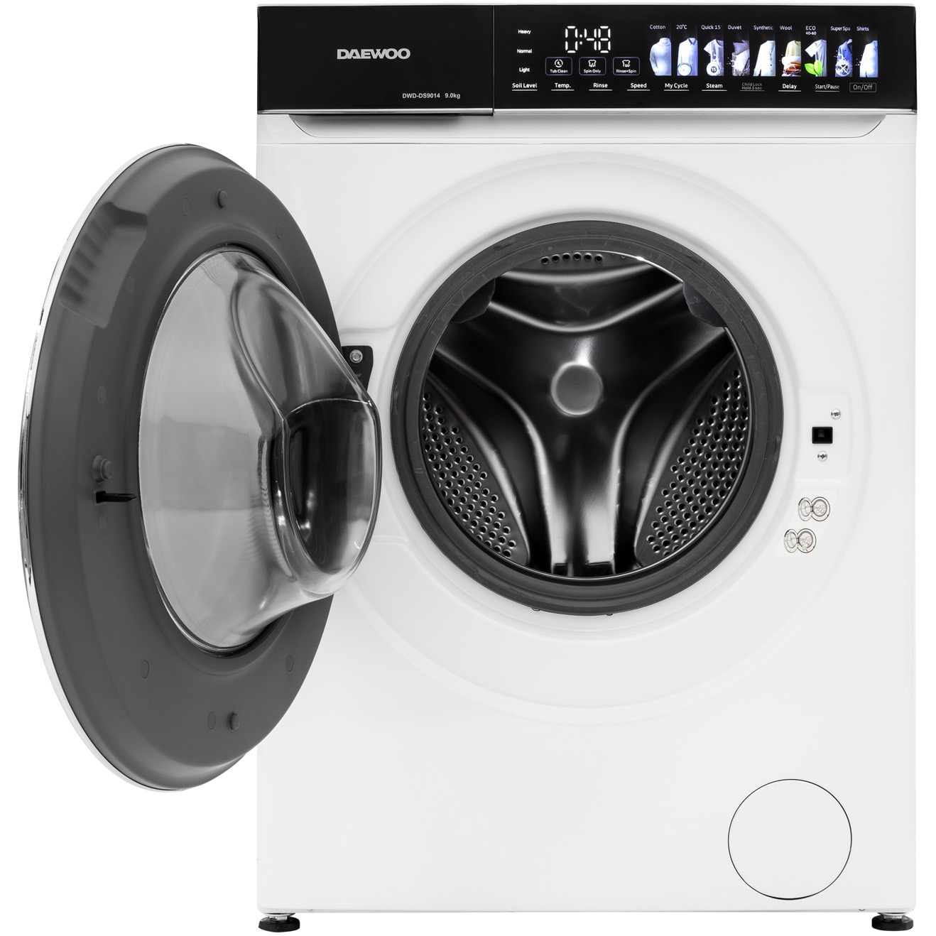 Masina de spalat rufe Daewoo, 9 kg, motor inverter, 1400 rpm, clasa A, 12 programe, butoane touch, panou de control negru cu pictograme mari colorate, usa dubla neagra cu inel cromat, culoare Alb