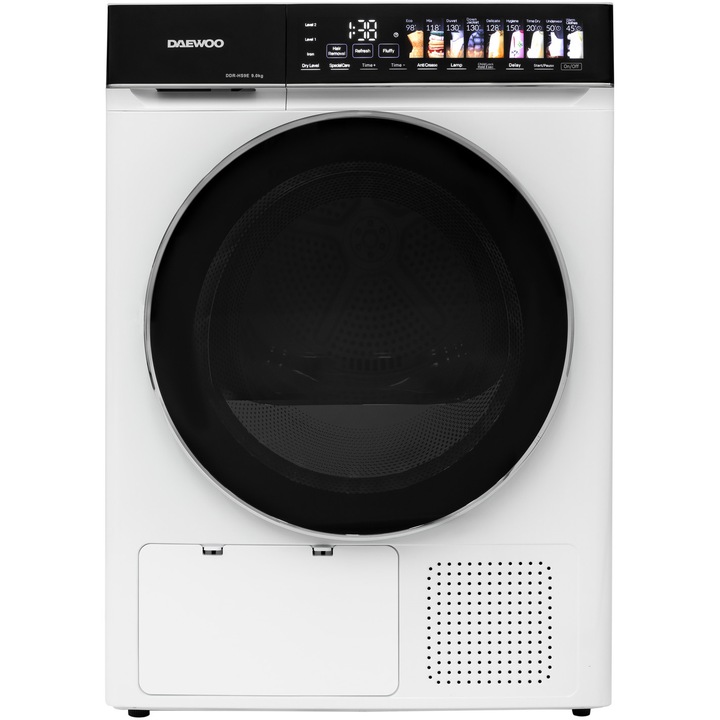Daewoo szárítógép, 9 kg, Hőszivattyú, Érintővezérlés, Fekete panel színes ikonokkal, Fekete dupla ajtó krómgyűrűvel, E energiaosztály, Fehér
