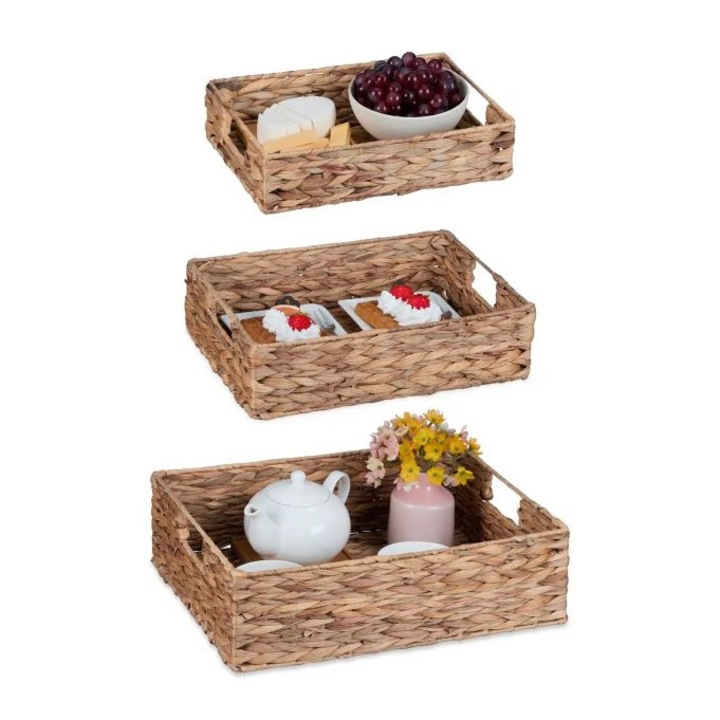 Set de 3 tavi din rachita B2X, 42, 5x33x14, 5cm, ideal pentru servire, cu manere practice, aspect natural