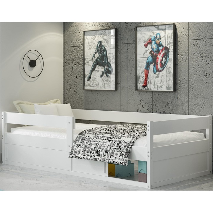 Pat pentru copii din lemn masiv de pin, Interbeds, model HUGO, 160 x 80 cm, sertar de depozitare, bariera de siguranta, design Montessori, NU CONTINE SALTEA, culoare Alb