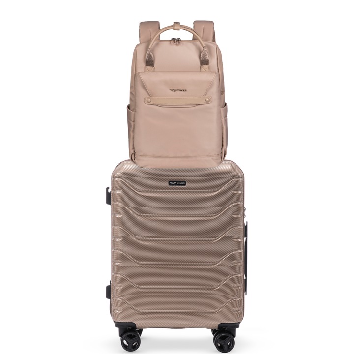 WINGS komplett szett – Vízálló kézipoggyász hátizsák + polikarbonát kabinbőrönd, TSA zár, 4 forgó kerék, kényelem és elegancia