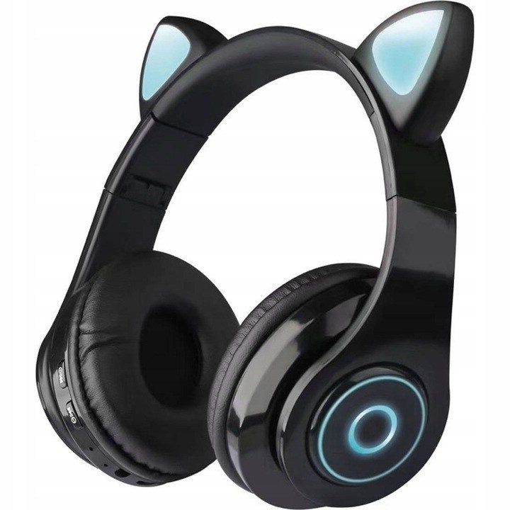Promóciós csomag: Fekete, LED-es, macskafüles Bluetooth fejhallgató, 8 órás üzemidő + Fonott adatkábel, kiskereskedelmi csomagolásban, 1m, Fekete Bluetooth fejhallgató Vezeték nélküli Bluetooth fejhallgató Aranyos macskafüles fejhallgató