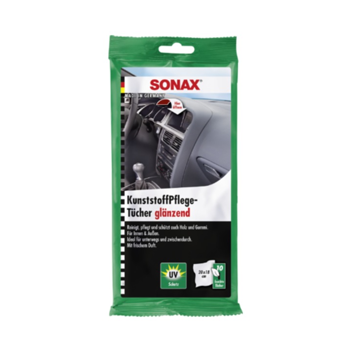 Servetele umede auto pentru suprafetele din plastic, set 10 buc, Sonax, efect lucios, curatare rapida