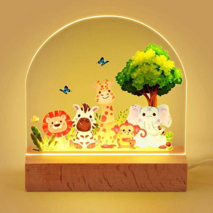 Lampa de veghe pentru copii, lumina caldă LED, baza din lemn, 180x30x130mm, galbenă