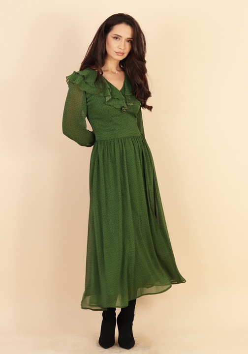 Rochie vaporoasa cu volane verde olive 1119, Verde