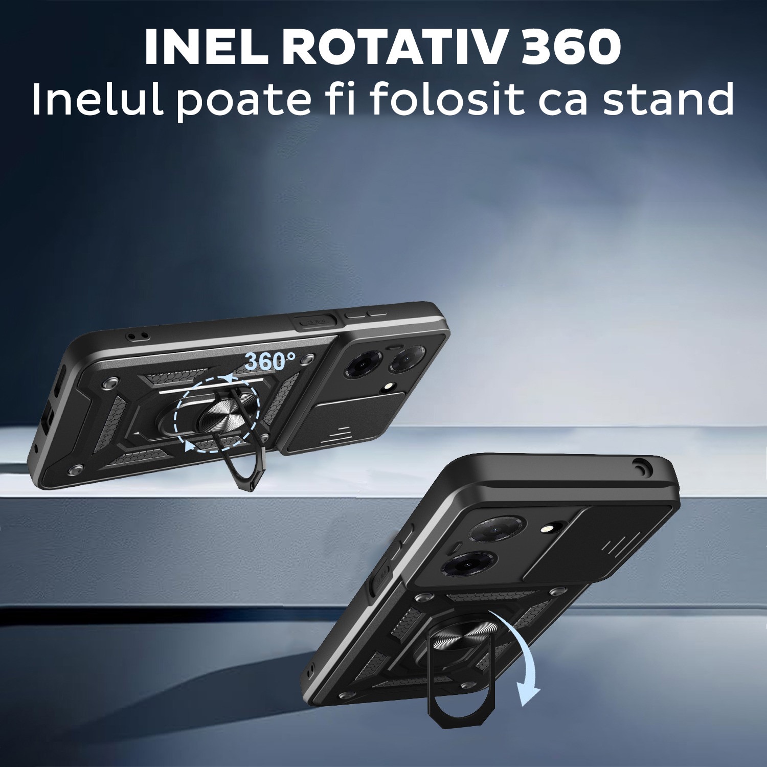 Husa pentru Motorola Moto G06 cu inel rotativ 360 Daden, Camshield series, Hybrid Antisoc, Slider pentru protectia camerei, Albastru