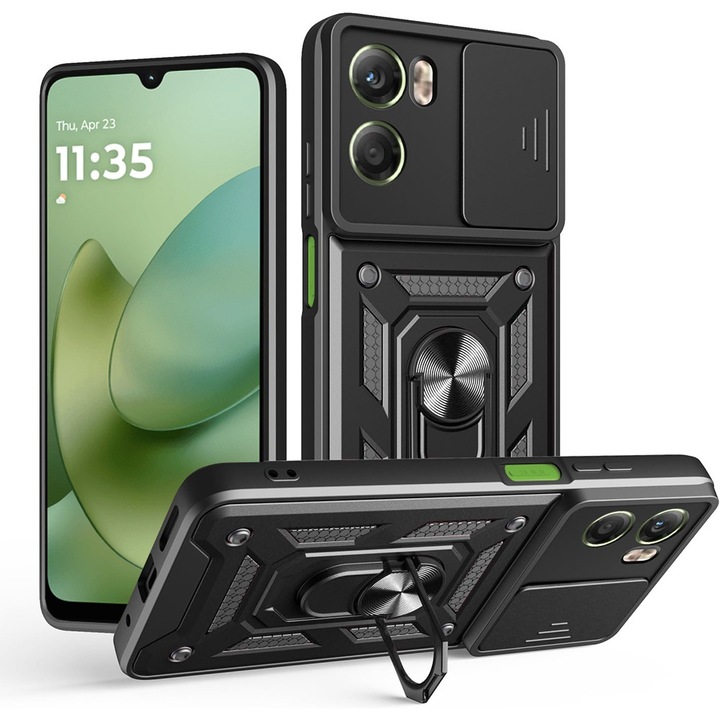 Husa pentru Motorola Moto G06 cu inel rotativ 360 Daden, Camshield series, Hybrid Antisoc, Slider pentru protectia camerei, Negru
