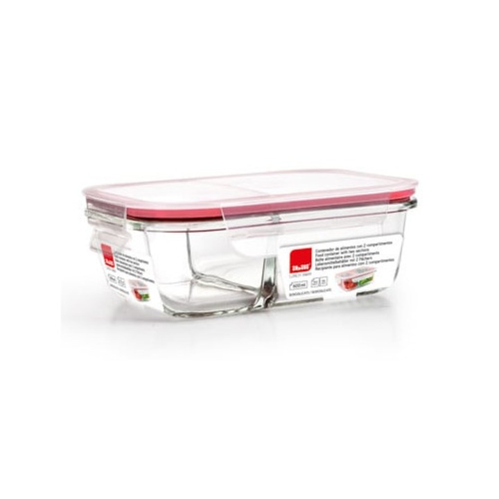 Caserola cu 2 compartimente Ibili, sticla borosilicata, transparent/rosu, 17.5x12.7x6 cm, 0.6 l