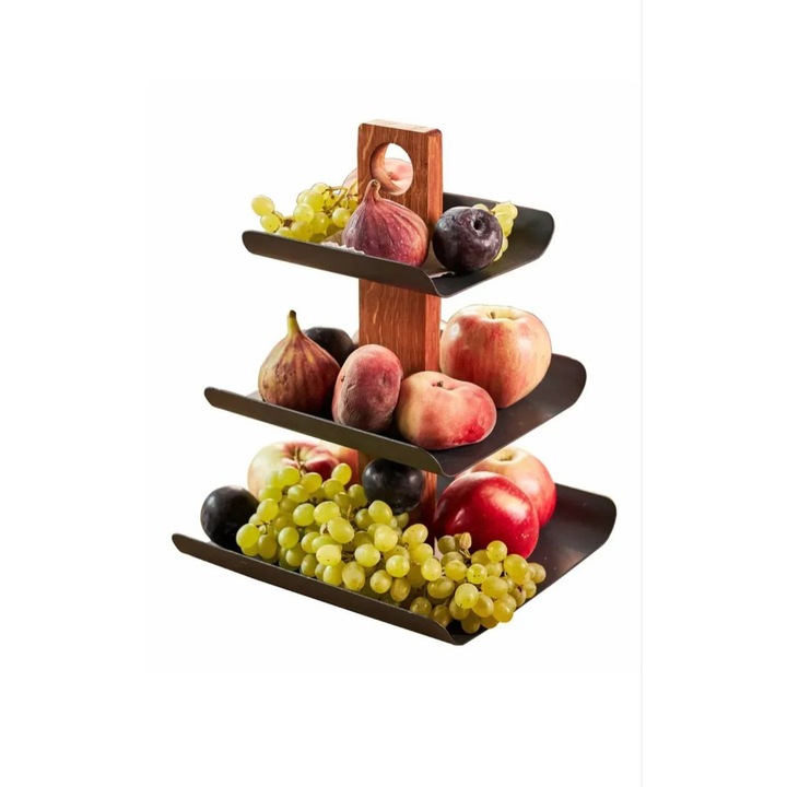 Suport etajat decorativ 3 nivele, pentru fructe, dulciuri, aperitive si snacks-uri – metal si lemn de stejar, elegant, practic si modern