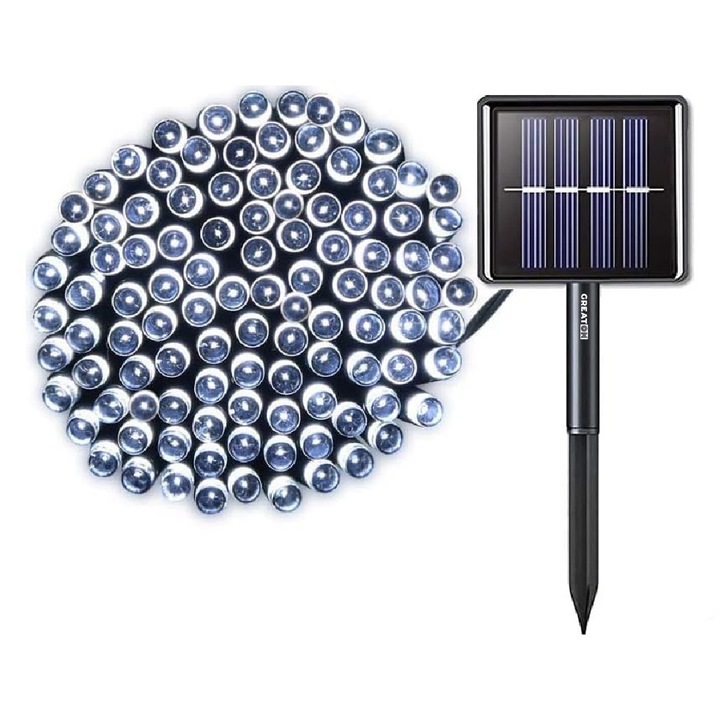 GREATON Lineáris Napelemes Karácsonyi Fényfüzér, 10 m, 100 Hideg Fehér LED, Távirányítóval és 8 Fényjátékkal, Sötétzöld Kábel, Beltéri / Kültéri Használatra, Napelemes és USB Tápellátás