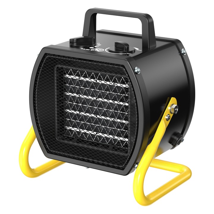 Climative EHP-2 PRO 2kW PTC kerámia elektromos hősugárzó termosztáttal, 3 üzemmóddal, gyorsfűtés, PTC kerámia elem, 200 m³/h légáram, túlmelegedés elleni védelem, hordozható, fém, irodába, garázsba és otthonba, fekete/sárga