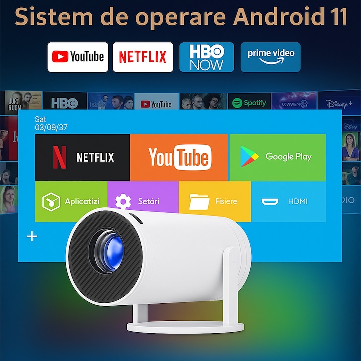 Videoproiector Portabil LED, Super Compact, Ultra 4K, 200ANSI, 6000 lumeni, WiFi 6, Bluetooth 5.0, cu Android 11, Difuzor, Autofocus, HDMI, USB, Screen Mirroring, Proiectie ajustabila pana la 130 inch, Rotatie 180 grade, Telecomanda, Alb