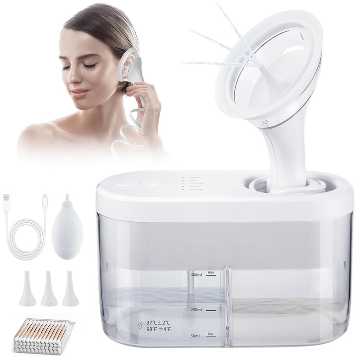 Dispozitiv electric de curatare urechi, Piduules, Indeparteaza Eficient Ceara, Presiune 8-15PSI, cu 4 Moduri de Irigare, Impermeabil IPX5, USB C, Rezervor de 400 ml, cu 3 x Capuri de Slicon, 1x Pompita, 1x Set Betisoare de Urechi