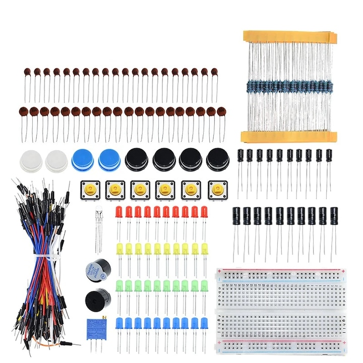 Kit Start Componente Electronice, 100+ piese, pentru experimente DIY, educațional, multicolor