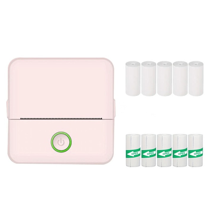 Imprimanta termica portabila mini, Bluetooth, aplicatie mobila compatibila cu sistemele iOS/Android, baterie incorporata, include 5 role de hartie termica + 5 etichete autoadezive, Roz