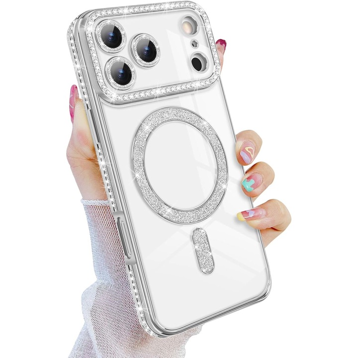 Калъф, съвместим с IPhone 17 Pro Max, съвместим с MagSafe, сребърен контур с камъни