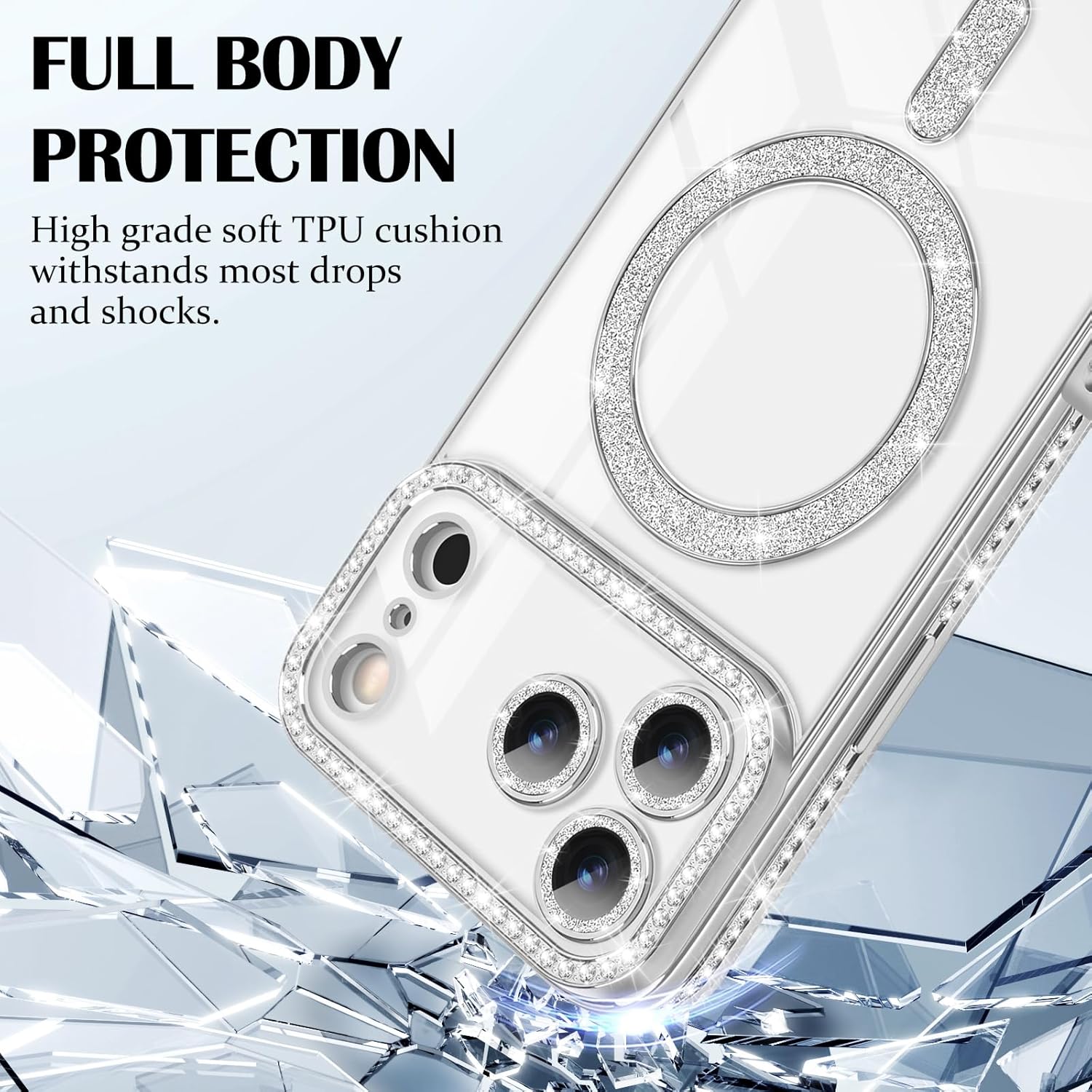 Husa compatibila cu IPhone 17 Pro Max, Compatibila cu MagSafe, Contur Silver cu Pietre