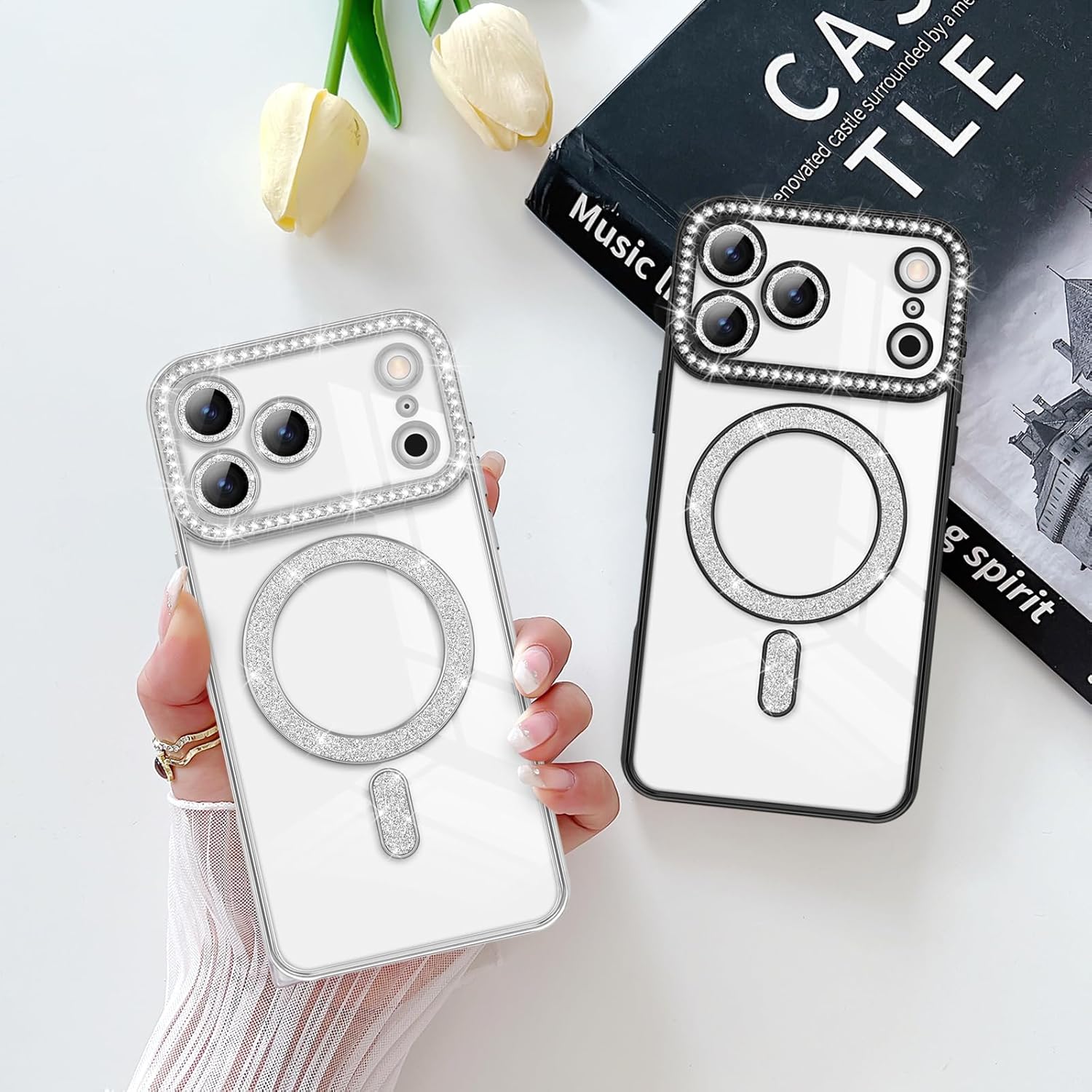 Husa compatibila cu IPhone 17 Pro Max, Compatibila cu MagSafe, Contur Silver cu Pietre