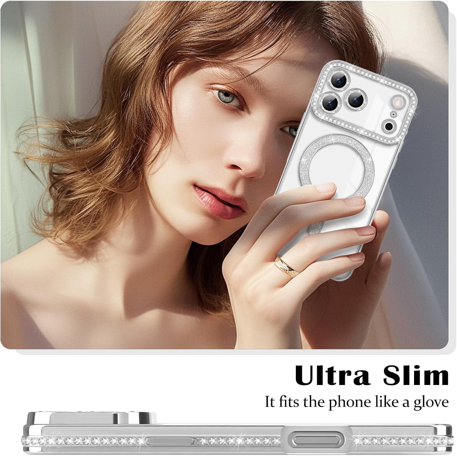 Husa compatibila cu IPhone 17 Pro Max, Compatibila cu MagSafe, Contur Silver cu Pietre