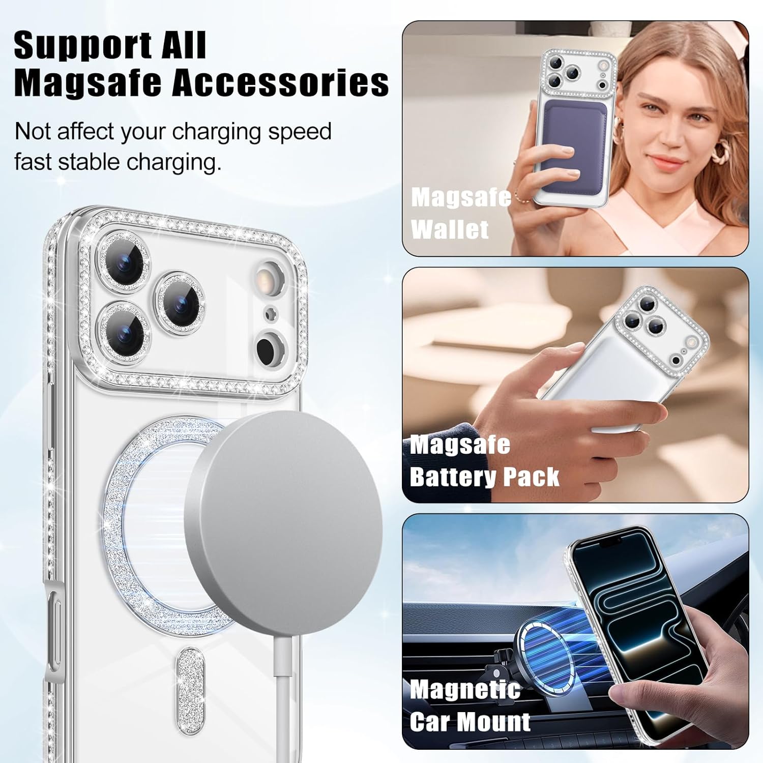 Husa compatibila cu IPhone 17 Pro Max, Compatibila cu MagSafe, Contur Silver cu Pietre