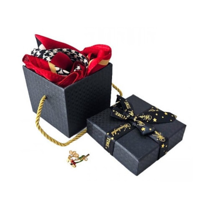 Női ajándékcsomag, hóvirág bross és sál 70x70cm, Velve, elegáns doboz zsinórral