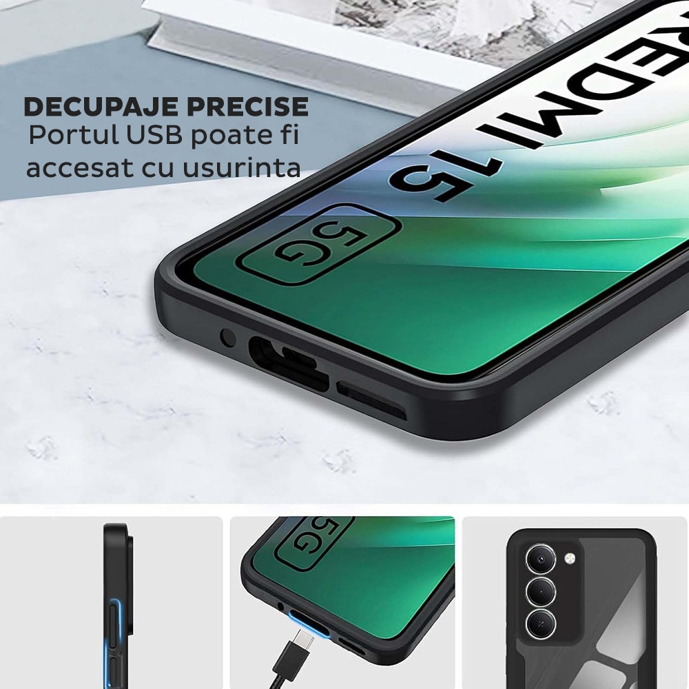 Husa pentru Xiaomi Redmi 15 4G / Redmi 15 5G DaDen® ColorVerse 360, Antisoc, Protectie completa spate-ecran, Negru