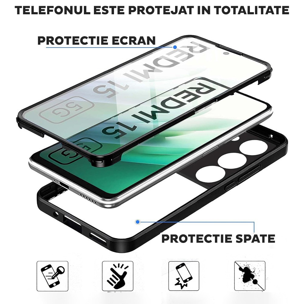 Husa pentru Xiaomi Redmi 15 4G / Redmi 15 5G DaDen® ColorVerse 360, Antisoc, Protectie completa spate-ecran, Negru