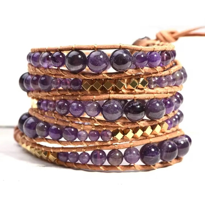 Bratara dama reglabila, ametist natural, mix de margele de 6, 8 si 10 mm