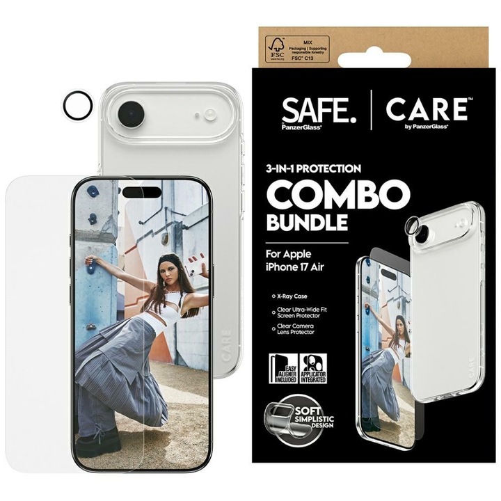 Комплект защита 3 в 1 CARE by PanzerGlass Fashionable, Прозрачен кейс, Защитно фолио за дисплей, Защита за камера, съвместим с iPhone 17 Air, Прозрачен