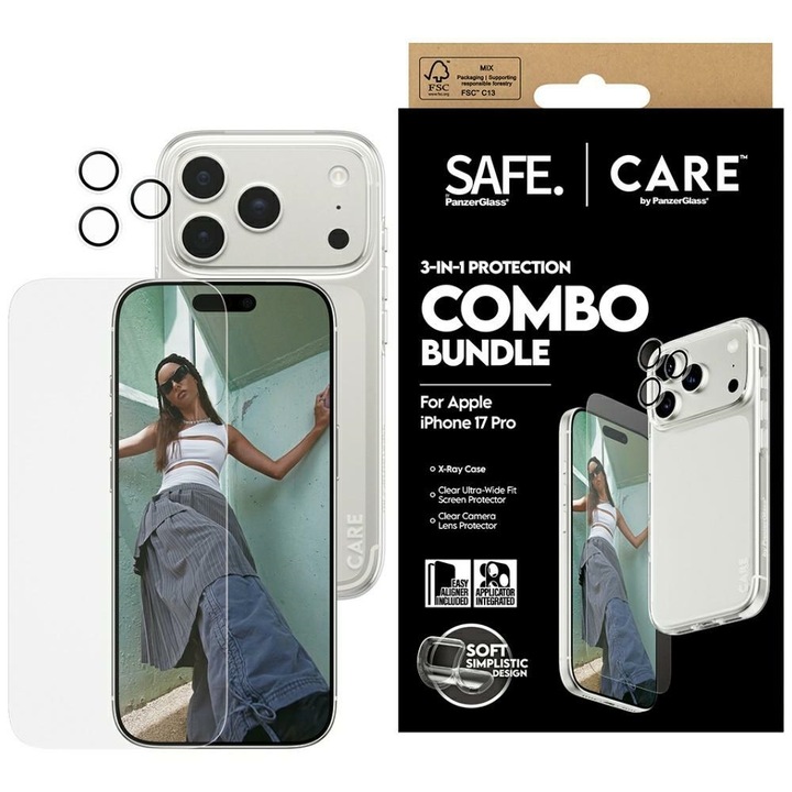 Set protectie 3 in 1 CARE by PanzerGlass Fashionable, Carcasa Clear, Folie protectie display, Protectie camera foto, compatibil cu iPhone 17 Pro, Transparent