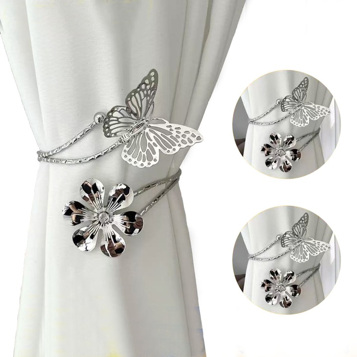 Set 2 accesorii prindere perdele, metalice, fluture flori, argintiu