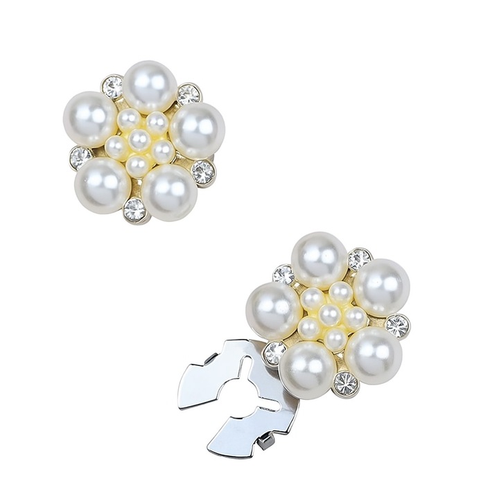 Set 2 accesorii decorative pentru nasturi KESNUP, de purtat la camasi, bluze, rochii, sacouri, tip butoni eleganti model floare cu cristale si perle, 2.3 x 1.8 cm, din aliaj si plastic, Argintiu