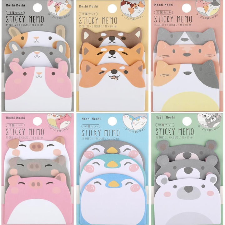 Set notite adezive cu animale dragute, 6 modele, 540 foi, multicolor, 6 x 4,8 cm