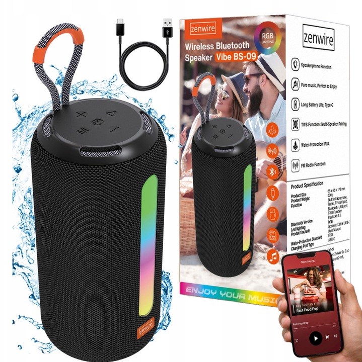 Boxa Portabila Bluetooth cu Lumina RGB, Sunet Premium, 17 cm, Playtime 3h, Type-C, USB si TF