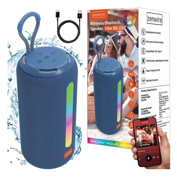 Boxa Portabila Bluetooth cu Lumina RGB, Sunet Premium, 17 cm, Playtime 3h, Type-C, USB si TF