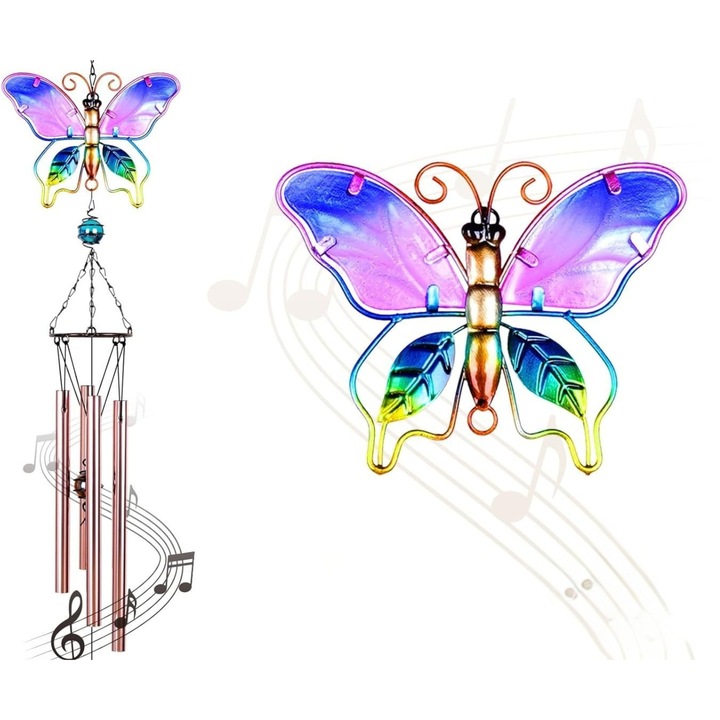 Clopotel de Vant Decorativ cu Fluture, Sunet Clar, Multicolor, 50 cm