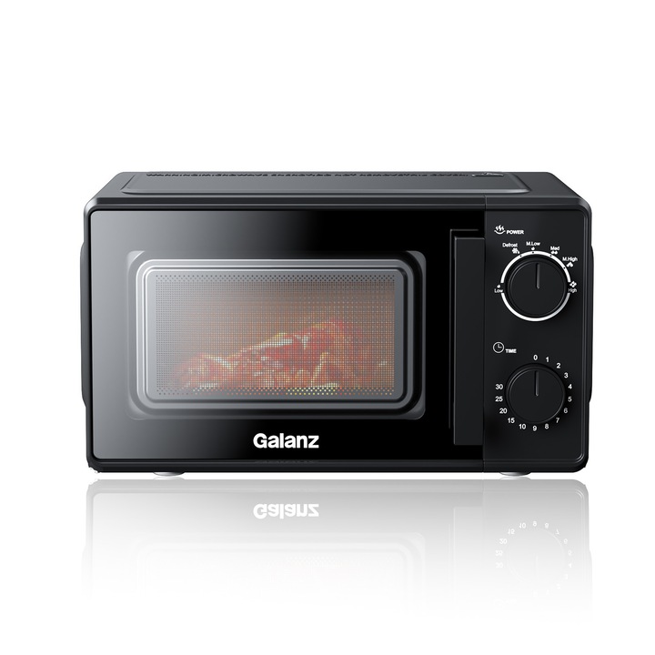 Cuptor cu microunde de blat Galanz, putere 700 W, platou rotativ, doua butoane, capacitate 20 litri, panou de control simplu, 6 setari de temperatura disponibile, temporizator flexibil 0-30 minute, 243 × 446 × 353 mm, Negru